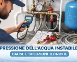 Idraulico controlla la pressione dell'acqua con uno strumento digitale. Il manometro indica una pressione troppo alta, suggerendo un problema da risolvere.