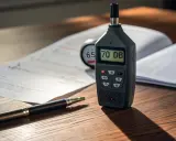 Fonometro cos'è? Uno strumento digitale mostra 70 dB, accanto a documenti e una penna.