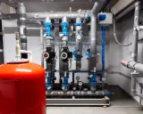 Impianto idraulico con serbatoio rosso e pompe. Manometri indicano che l'autoclave pressione troppo alta potrebbe essere un problema.
