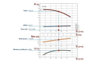 Grafici di prestazione di una pompa: prevalenza, NPSH, potenza e rendimento in funzione della portata.