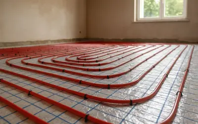 Tubature rosse per riscaldamento a pavimento disposte a spirale su una griglia.
