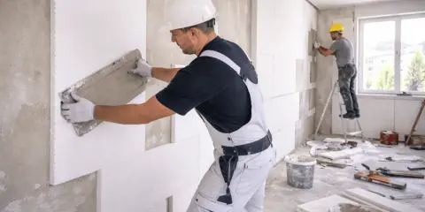 Operai applicano pannelli isolanti su un muro, creando un cappotto interno o esterno per migliorare l'efficienza energetica.