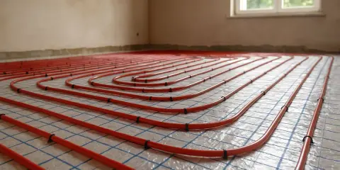 Tubature rosse per riscaldamento a pavimento disposte a spirale su una griglia.