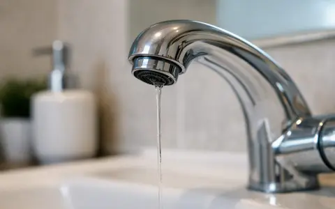 Un rubinetto cromato gocciola, un filo d'acqua che abbassa la pressione. Sullo sfondo, un dispenser di sapone e una pianta.
