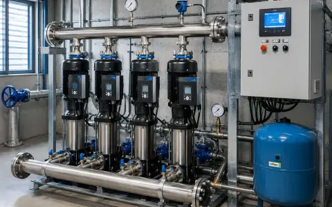 Un impianto di pressurizzazione con quattro pompe in linea, un pannello di controllo digitale e un serbatoio blu Reflex.