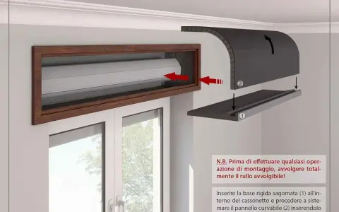 Installazione di un pannello per come isolare i cassonetti delle tapparelle. La fase 2 mostra l'inserimento di una base rigida e di un pannello curvabile.