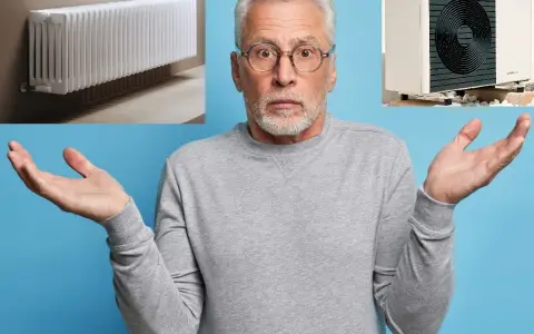 Uomo perplesso con radiatore e pompa di calore. Quali sono i migliori radiatori per pompa di calore?