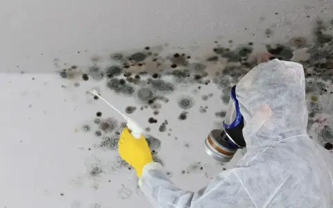 Persona in tuta protettiva e maschera antigas spruzza un prodotto su un muro coperto da muffa grigia e nera.
