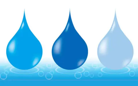 Gocce d'acqua blu, simili alla condensa del motore di un condizionatore, su uno sfondo bianco con cerchi concentrici.