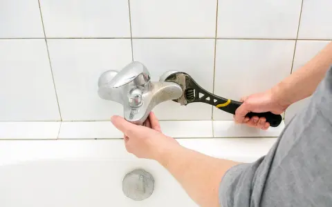 Mano con chiave inglese ripara un rubinetto che gocciola sopra una vasca da bagno bianca.