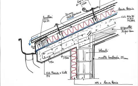 Dettaglio costruttivo per isolare sottotetto con lana roccia e blocchi in laterizio.