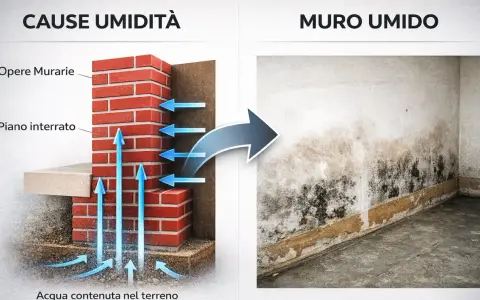 Illustrazione delle cause dell'umidità di risalita: acqua nel terreno che sale attraverso le murature, creando un muro umido con muffa.