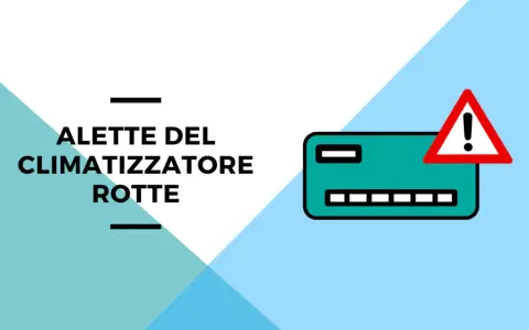 Icona di un climatizzatore con un segnale di pericolo, testo "Alette del climatizzatore rotte". Guida su come sbloccare le alette del condizionatore.