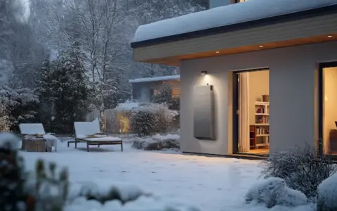 Un sistema moderno per riscaldare casa senza termosifoni e senza spendere troppo, con un'unità esterna in una giornata nevosa.