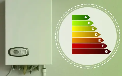 Caldaia con display a 55°C, accanto a un'etichetta energetica. La temperatura acqua termosifoni 50 gradi è un buon compromesso.