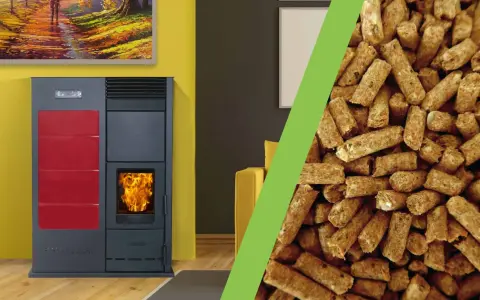Stufa a pellet moderna con fiamme vive e un mucchio di pellet, che illustra come funziona una stufa a pellet.