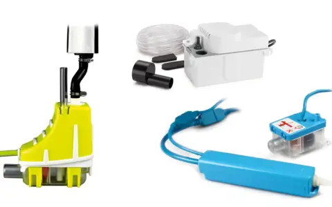 Pompa condensa condizionatore: un kit completo con diverse unità per gestire l'acqua in eccesso, inclusa una pompa gialla e una bianca.