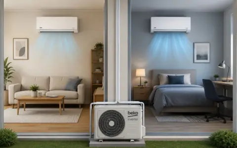Unità esterna Beko Inverter per come rinfrescare due stanze: un soggiorno e una camera da letto, con aria fresca che esce dai split.