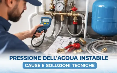 Idraulico controlla la pressione dell'acqua con uno strumento digitale. Il manometro indica una pressione troppo alta, suggerendo un problema da risolvere.