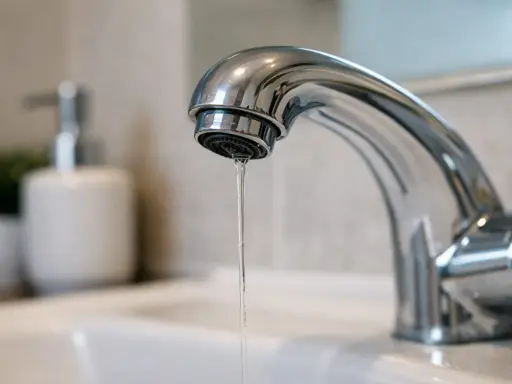 Un rubinetto cromato gocciola, un filo d'acqua che abbassa la pressione. Sullo sfondo, un dispenser di sapone e una pianta.