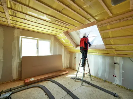 Lavori in corso per isolare sottotetto abitabile. Un operaio su scala installa materiale isolante giallo.