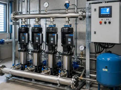 Un impianto di pressurizzazione con quattro pompe in linea, un pannello di controllo digitale e un serbatoio blu Reflex.