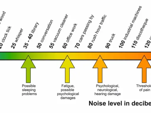 Scala dei decibel (dB) da 0 a 140, con esempi di suoni e i loro effetti, dal "No problem" fino alla soglia del dolore decibel e al danno uditivo.