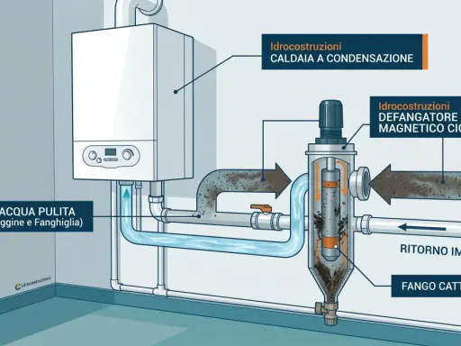 Il defangatore magnetico ciclonico serve a rimuovere ruggine e fanghi dall'acqua della caldaia, garantendo un impianto più pulito e efficiente.