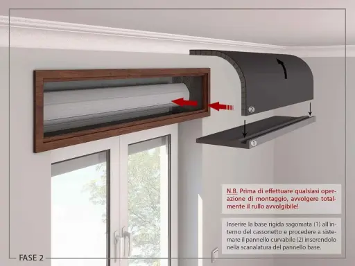 Installazione di un pannello per come isolare i cassonetti delle tapparelle. La fase 2 mostra l'inserimento di una base rigida e di un pannello curvabile.