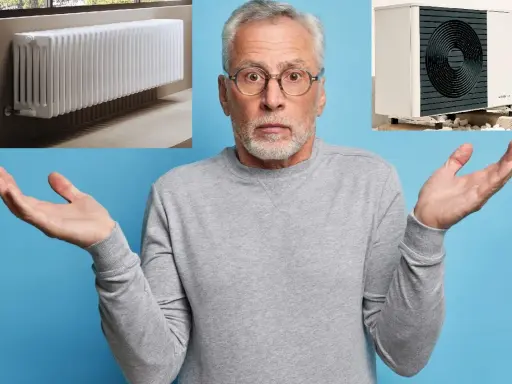 Uomo perplesso con radiatore e pompa di calore. Quali sono i migliori radiatori per pompa di calore?
