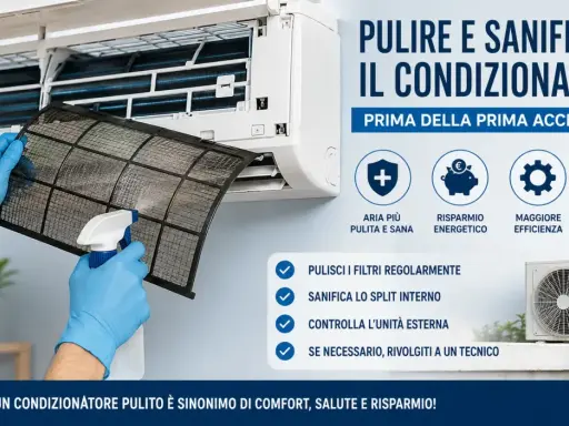 Mani con guanti blu puliscono il filtro del condizionatore. La pulizia dei condizionatori garantisce aria sana e risparmio.