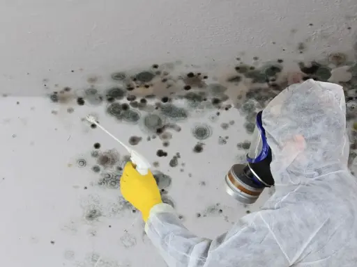 Persona in tuta protettiva e maschera antigas spruzza un prodotto su un muro coperto da muffa grigia e nera.