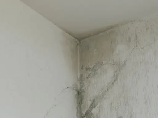 Angolo di un muro con evidenti segni di infiltrazione acqua, macchie scure e crepe.