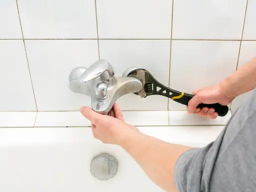 Mano con chiave inglese ripara un rubinetto che gocciola sopra una vasca da bagno bianca.