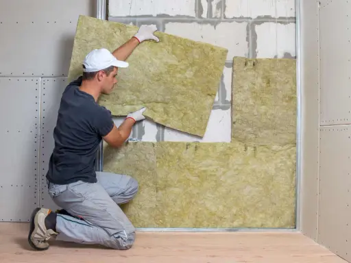 Operaio posiziona pannelli isolanti per il cappotto casa. L'isolamento termico è fondamentale per il comfort abitativo.