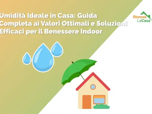 Guida per gestire la percentuale umidità in casa. Gocce d'acqua e una casa protetta da un ombrello verde.