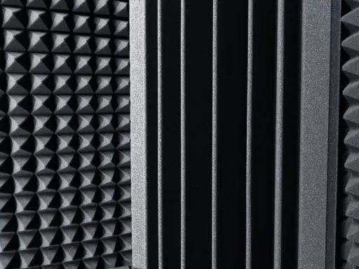 Pannelli fonoassorbenti con texture a piramide e a listelli, ideali come miglior isolante acustico per studi di registrazione.
