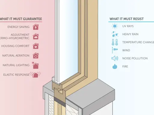 Sezione di una finestra che illustra i benefici (risparmio energetico, comfort) e le resistenze (raggi UV, pioggia, vento, rumore, fuoco) per un perfetto isolamento finestre.