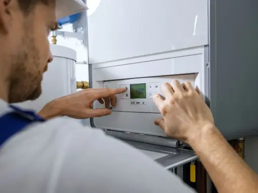 Tecnico che controlla il display della caldaia in blocco, impostando la temperatura.