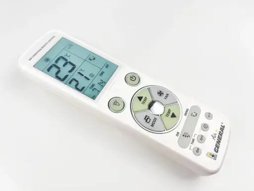 Telecomando condizionatore Air General con display che mostra la temperatura e le impostazioni del timer off.