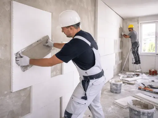 Operai applicano pannelli isolanti su un muro, creando un cappotto interno o esterno per migliorare l'efficienza energetica.