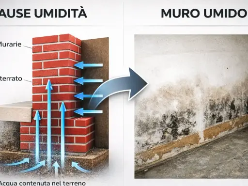 Illustrazione delle cause dell'umidità di risalita: acqua nel terreno che sale attraverso le murature, creando un muro umido con muffa.