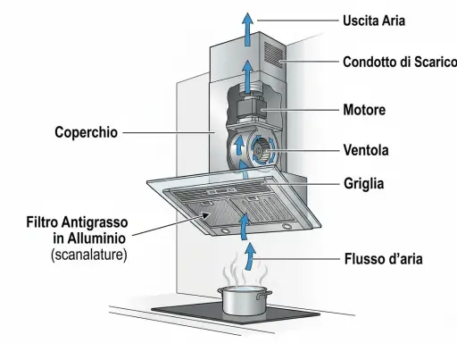 Schema di una cappa aspirante che mostra il flusso d'aria attraverso il filtro antigrasso in alluminio, il motore e la ventola. Utile per capire come pulire i filtri della cappa.