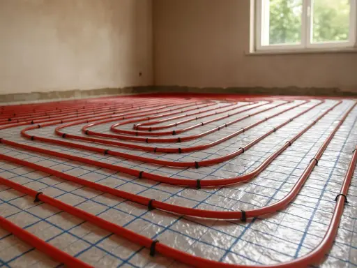 Tubature rosse per riscaldamento a pavimento disposte a spirale su una griglia.