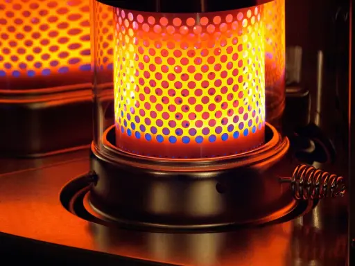 La stufa a kerosene pericolosa emana un calore intenso, con fiamme blu e gialle che danzano attraverso la griglia forata.