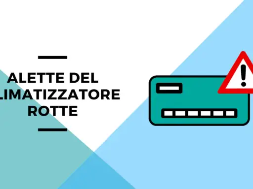Icona di un climatizzatore con un segnale di pericolo, testo "Alette del climatizzatore rotte". Guida su come sbloccare le alette del condizionatore.