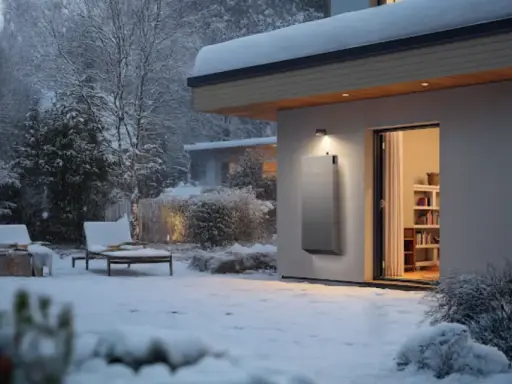 Un sistema moderno per riscaldare casa senza termosifoni e senza spendere troppo, con un'unità esterna in una giornata nevosa.