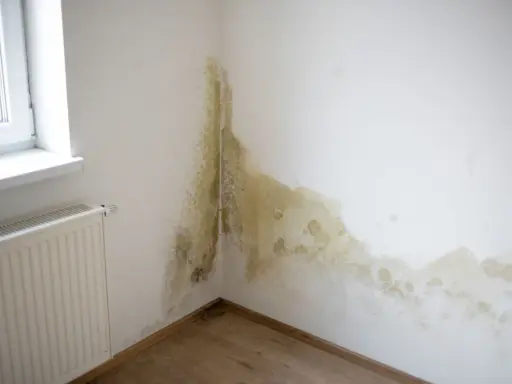 Angolo di una stanza con macchie di muffa giallastra e verdastra sul muro, un segno evidente di come riconoscere le infiltrazioni d'acqua.