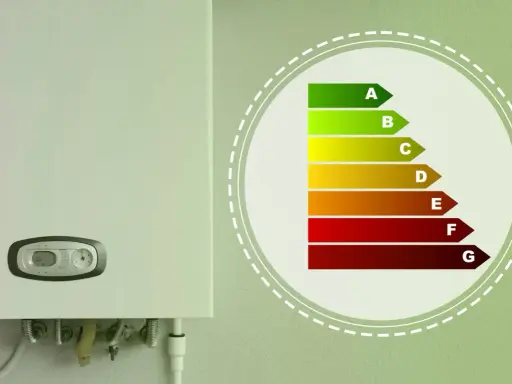Caldaia con display a 55°C, accanto a un'etichetta energetica. La temperatura acqua termosifoni 50 gradi è un buon compromesso.