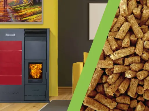 Stufa a pellet moderna con fiamme vive e un mucchio di pellet, che illustra come funziona una stufa a pellet.